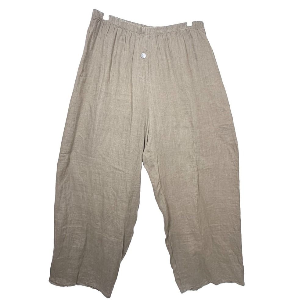 FLAX 100% Linen Pants L Flat Front Side Button Shapely Wide Leg Floods Chambray